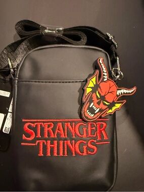Black Stranger Things Embroidered Messenger Bag with Red Logo
